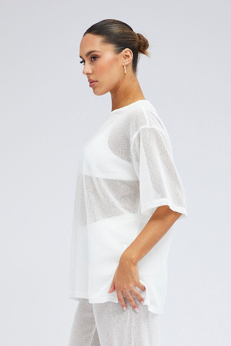 White Oversized Knit Top Short Sleeve Crew Neck for Ally Fashion