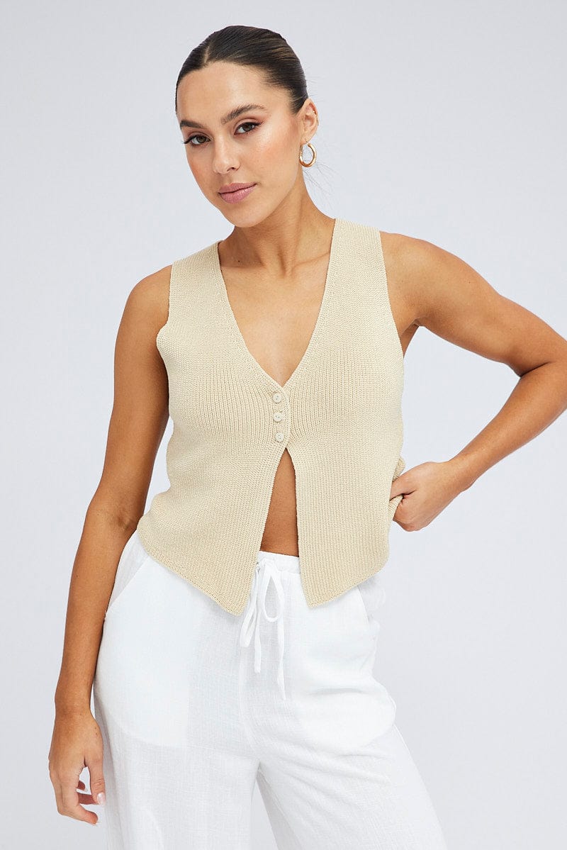 Beige Knit Vest V neck for Ally Fashion