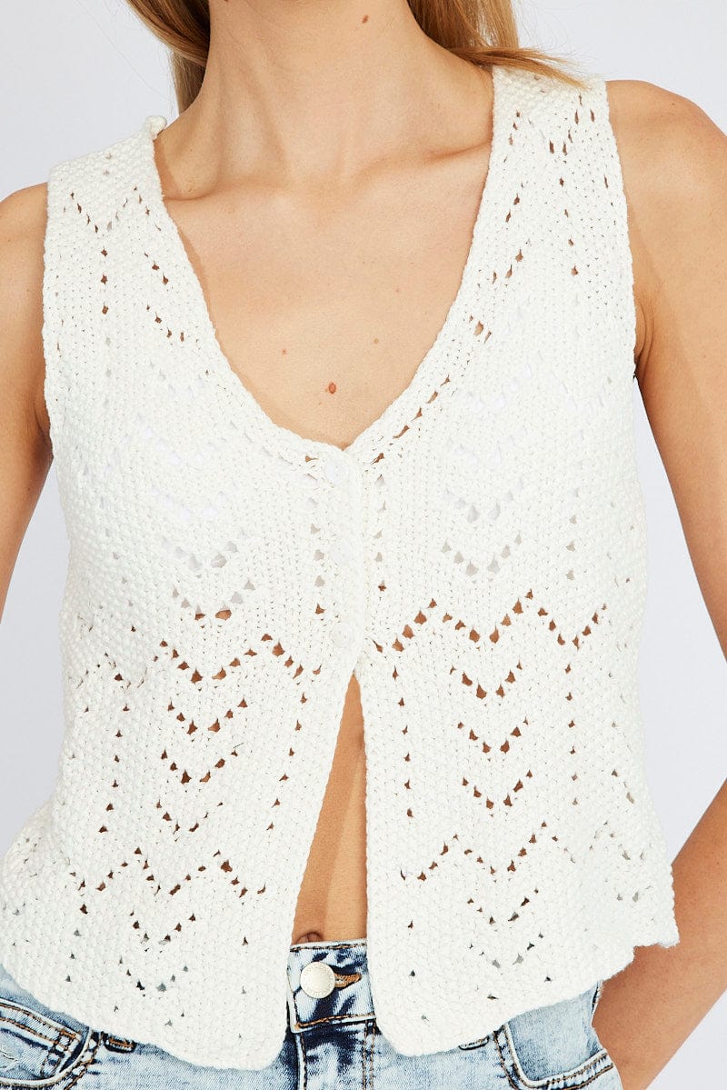 White Knit Vest Sleeveless V Neck Crochet Button Up for Ally Fashion