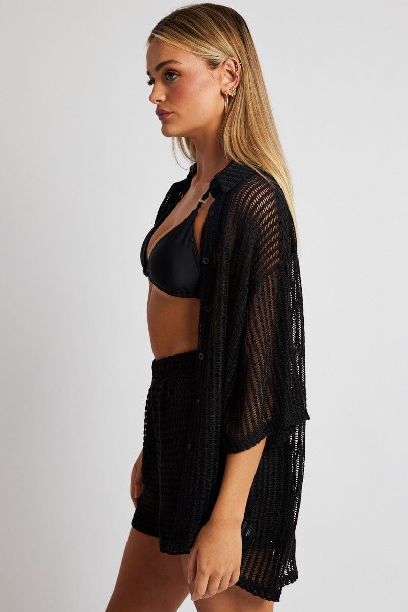 Black Collar Knit Top Short Sleeve for Ally Fashion