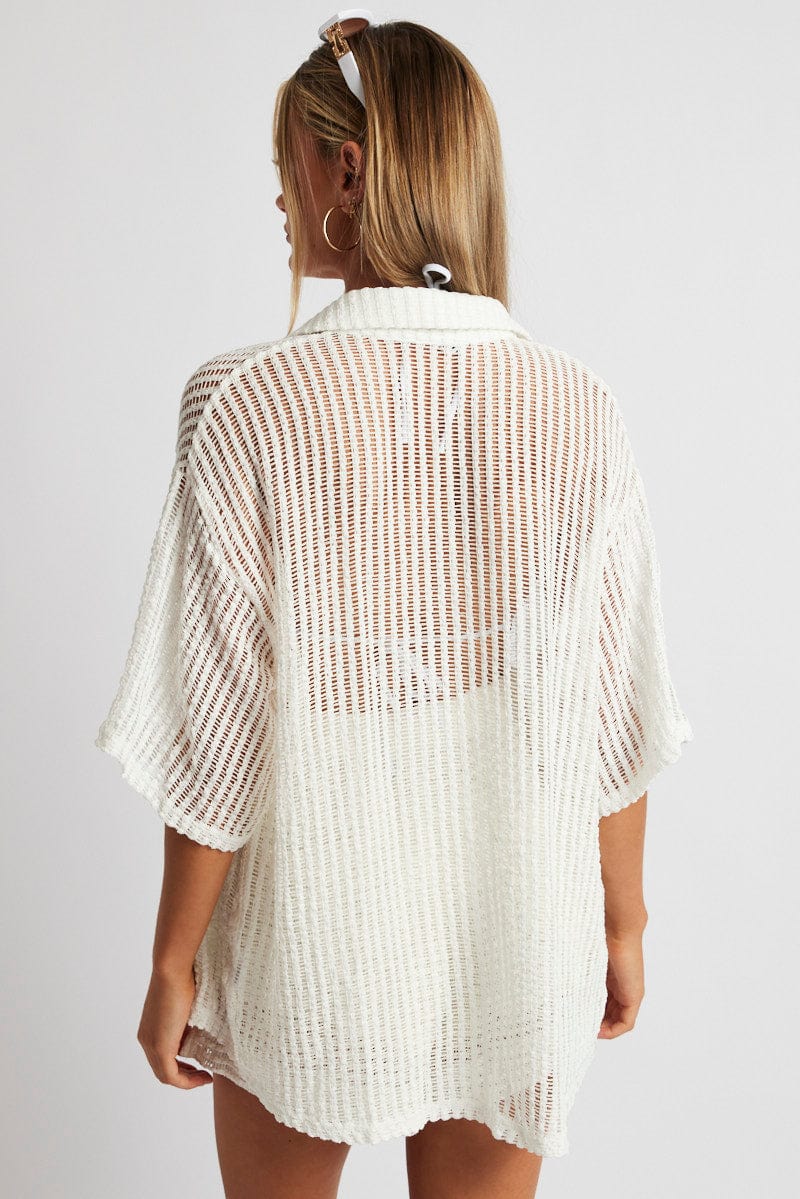 White Collar Knit Top Short Sleeve for Ally Fashion