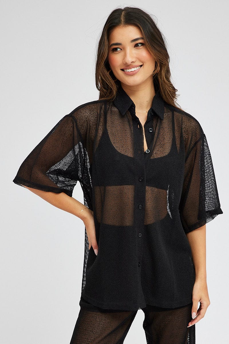 Black Collar Knit Top Short Sleeve for Ally Fashion