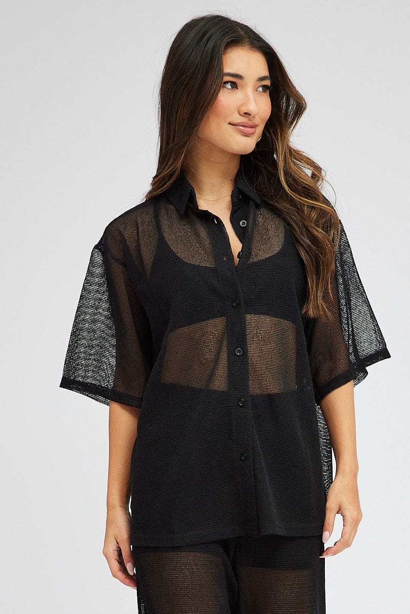 Black Collar Knit Top Short Sleeve for Ally Fashion