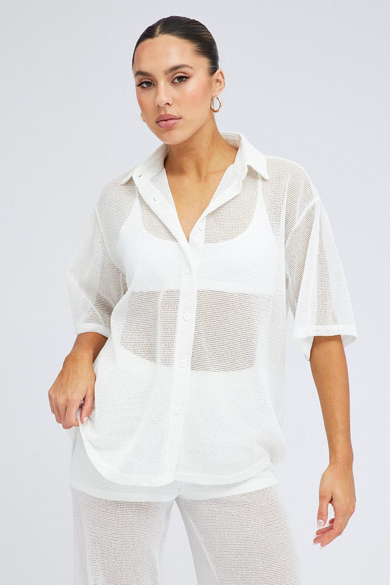 White Collar Knit Top Short Sleeve for Ally Fashion