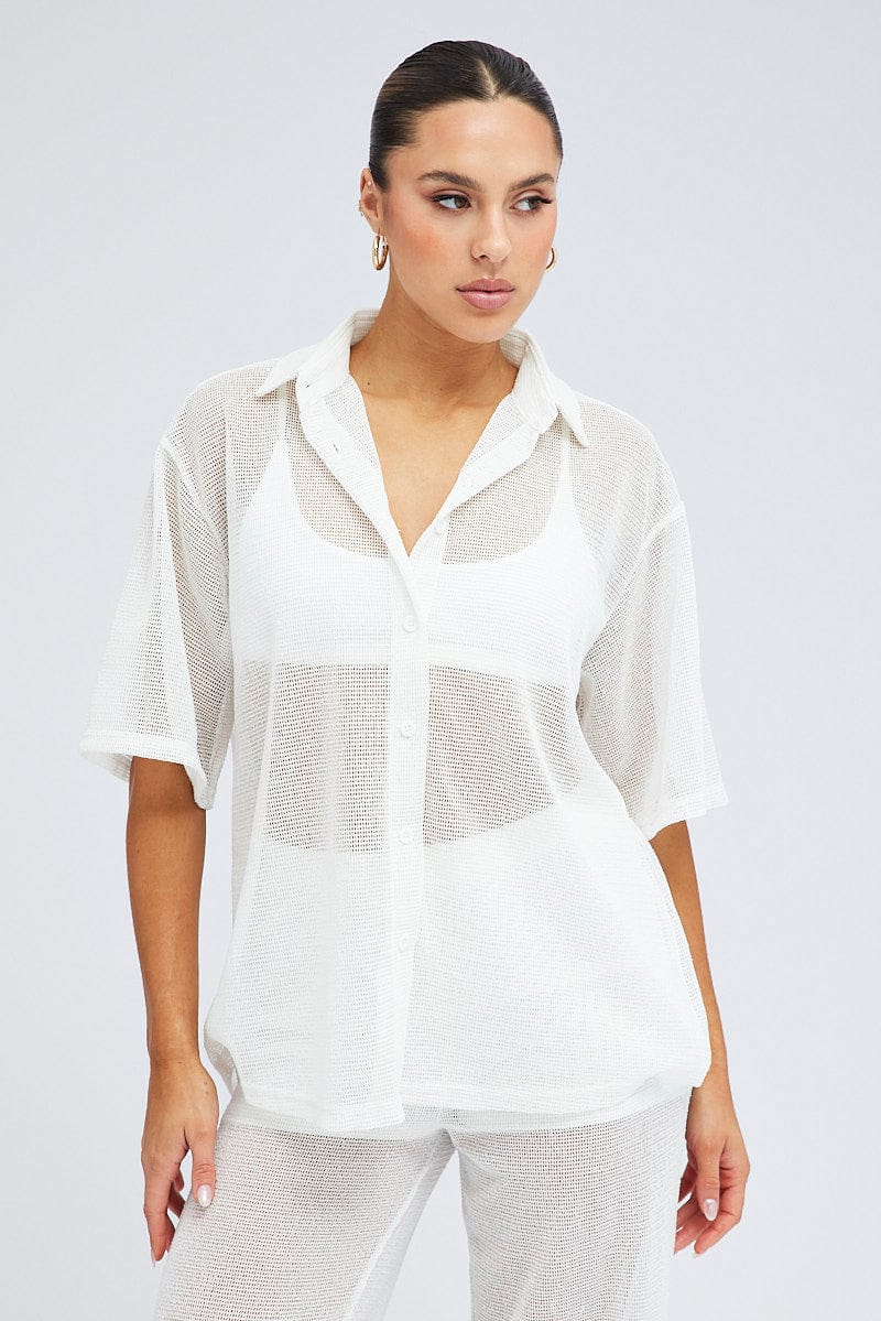 White Collar Knit Top Short Sleeve for Ally Fashion