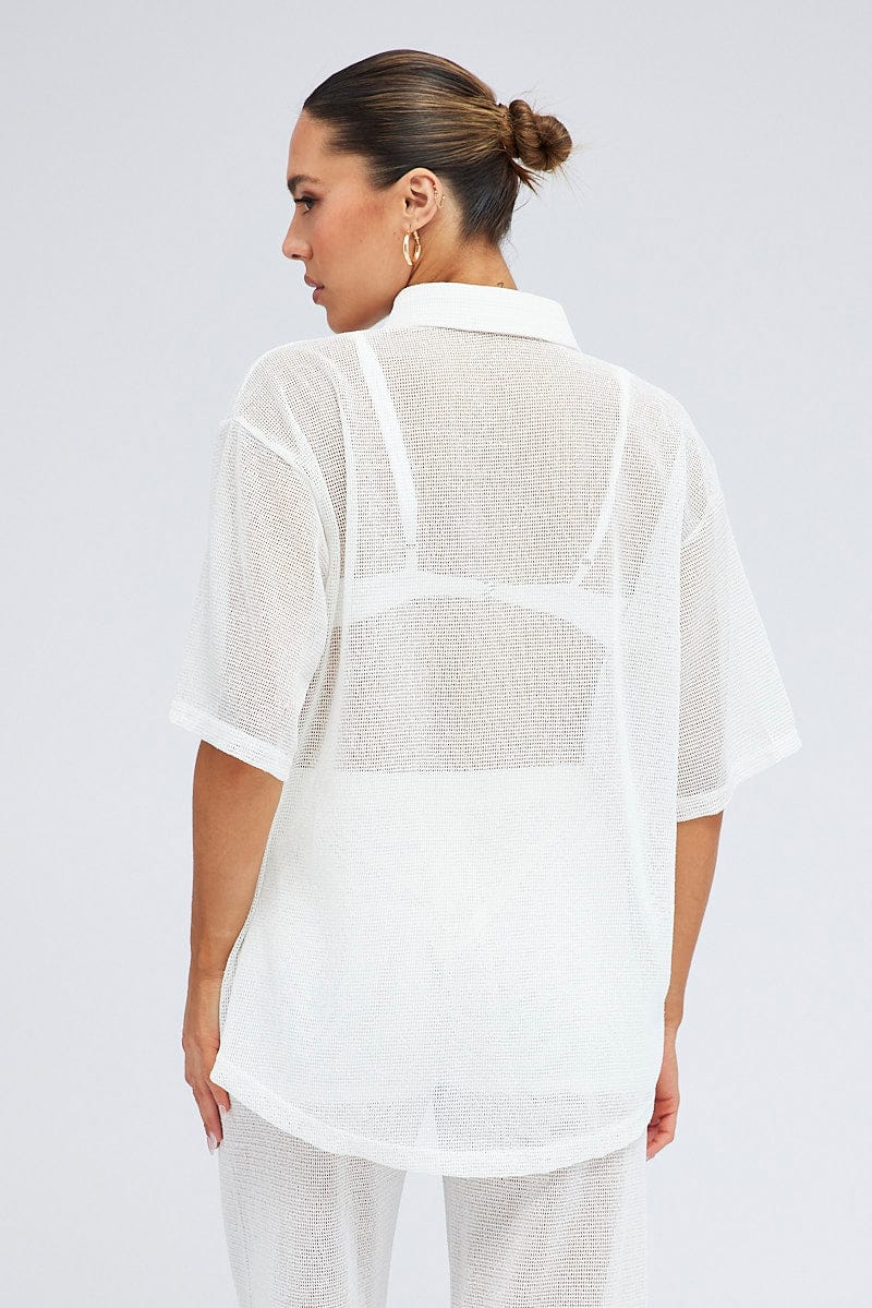 White Collar Knit Top Short Sleeve for Ally Fashion