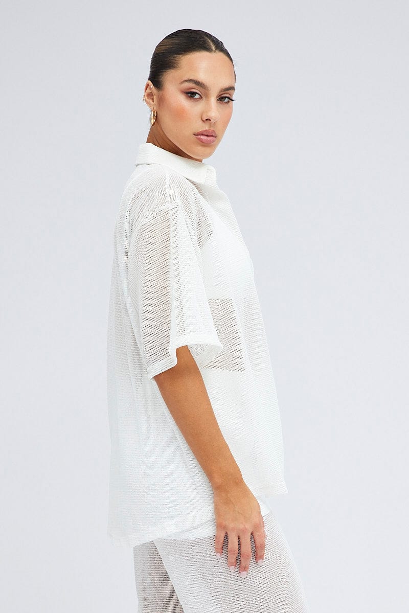 White Collar Knit Top Short Sleeve for Ally Fashion