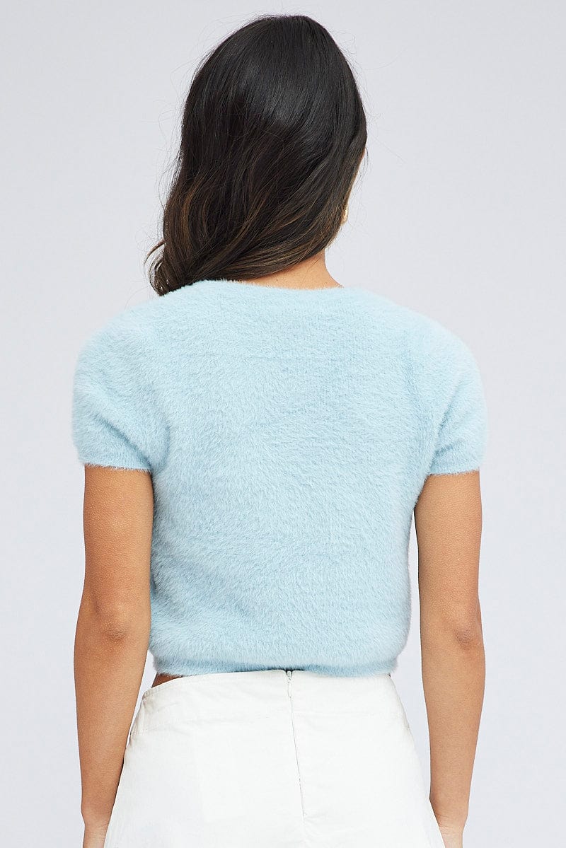 Blue Fluffy Knit Top Short Sleeve Crew Neck for Ally Fashion