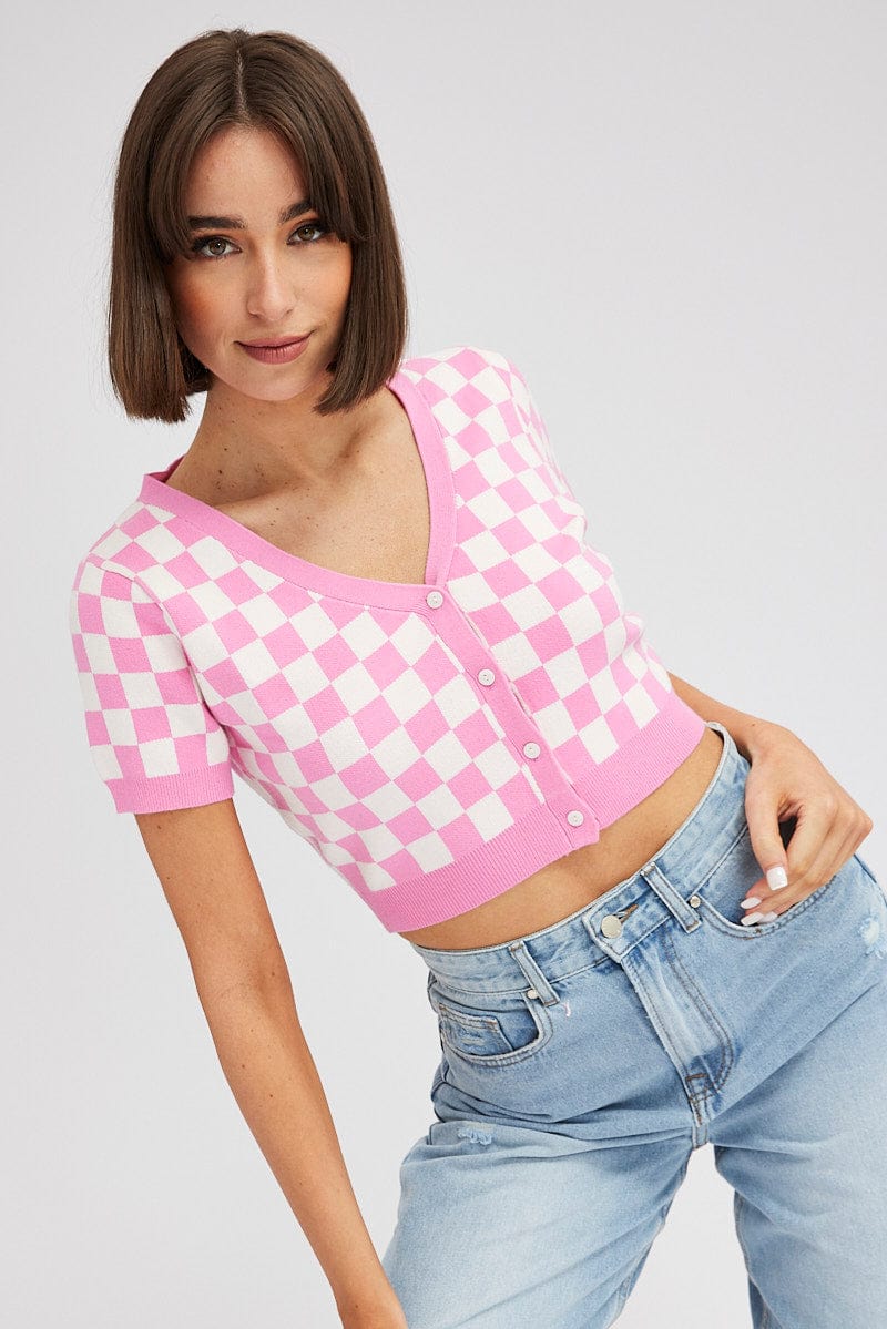Pink Check Knit Cardigan Short sleeve for Ally Fashion