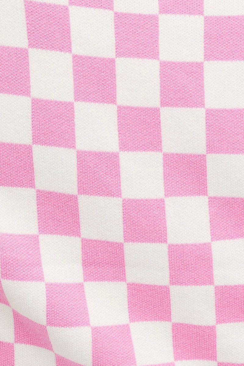 Pink Check Knit Cardigan Short sleeve for Ally Fashion