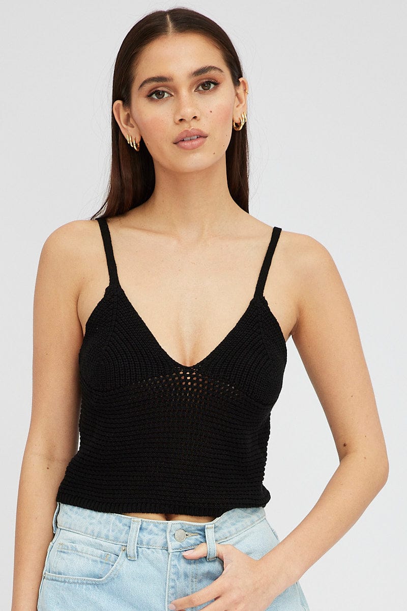 Black Crochet Singlet Top V Neck for Ally Fashion