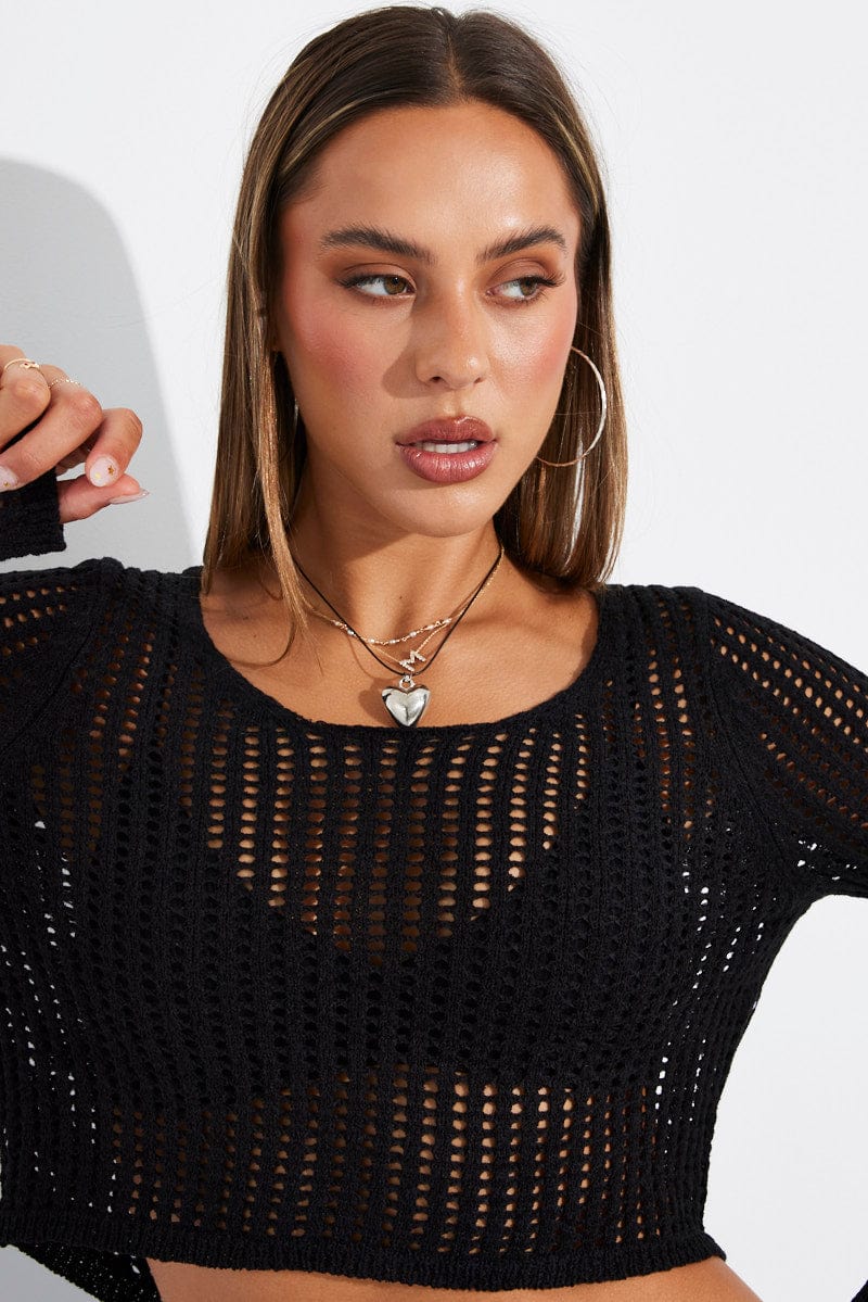 Black Crochet Top Long Sleeve Scoop Neck for Ally Fashion