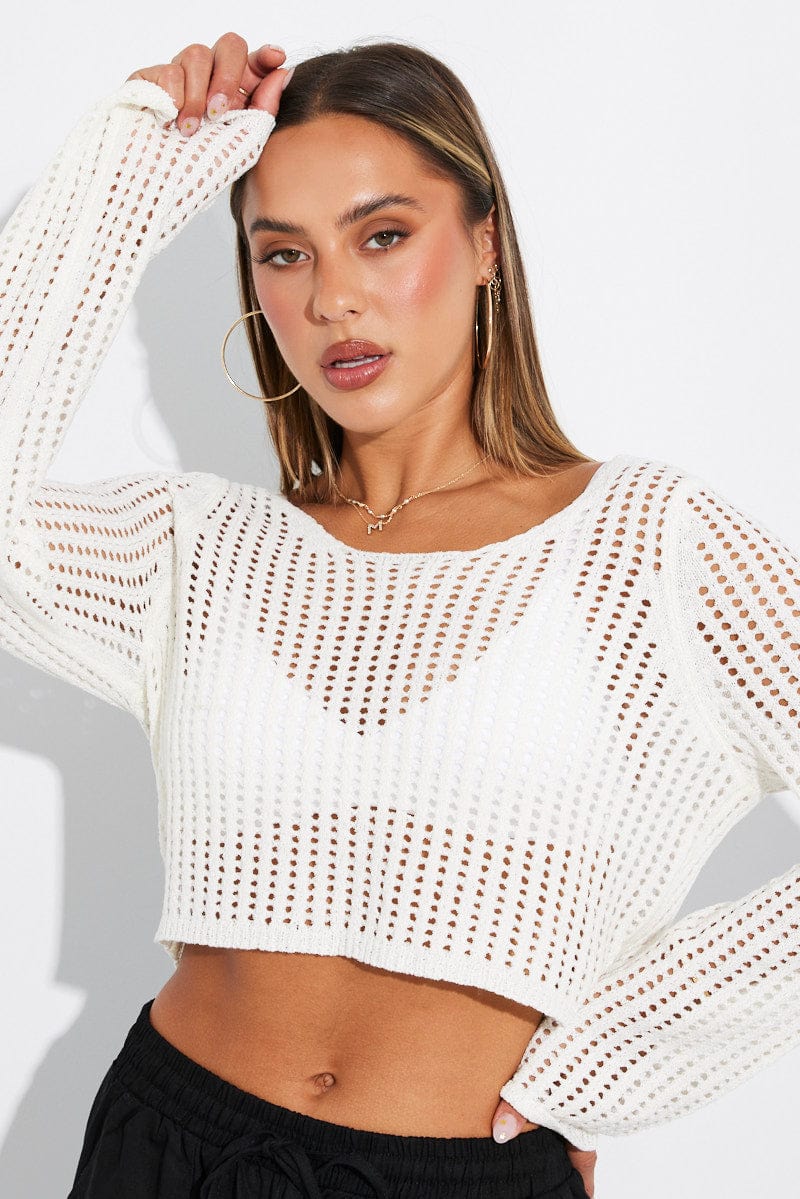 White Crochet Top Long Sleeve Scoop Neck for Ally Fashion