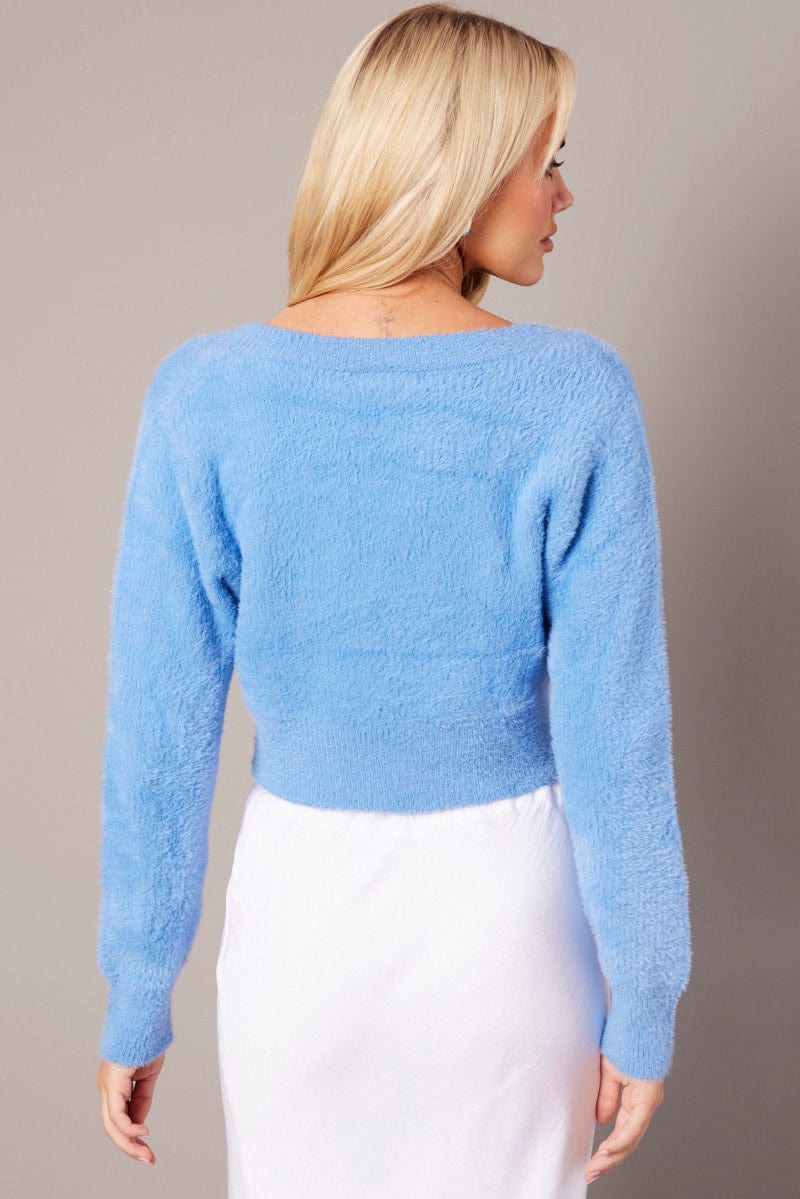 Blue Fluffy Knit Cardigan Long Sleeve V Neck for Ally Fashion