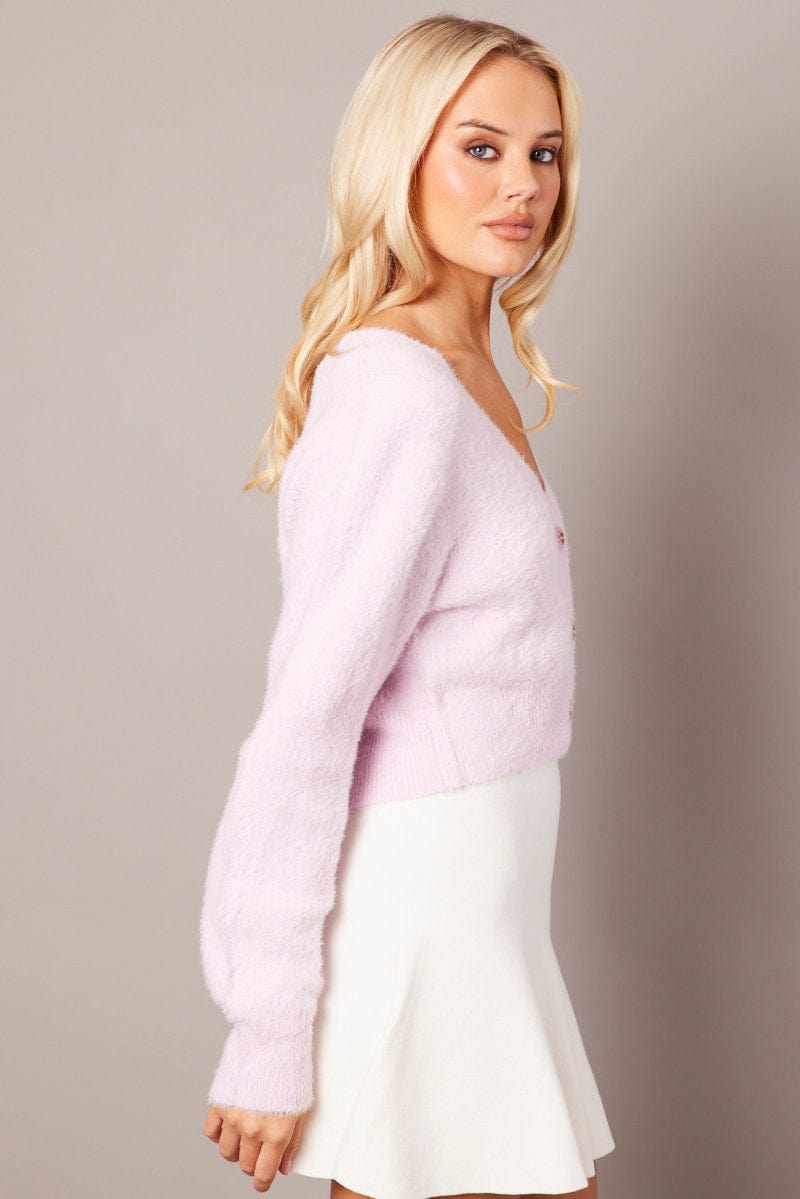 Pink Fluffy Knit Cardigan Long Sleeve V Neck for Ally Fashion