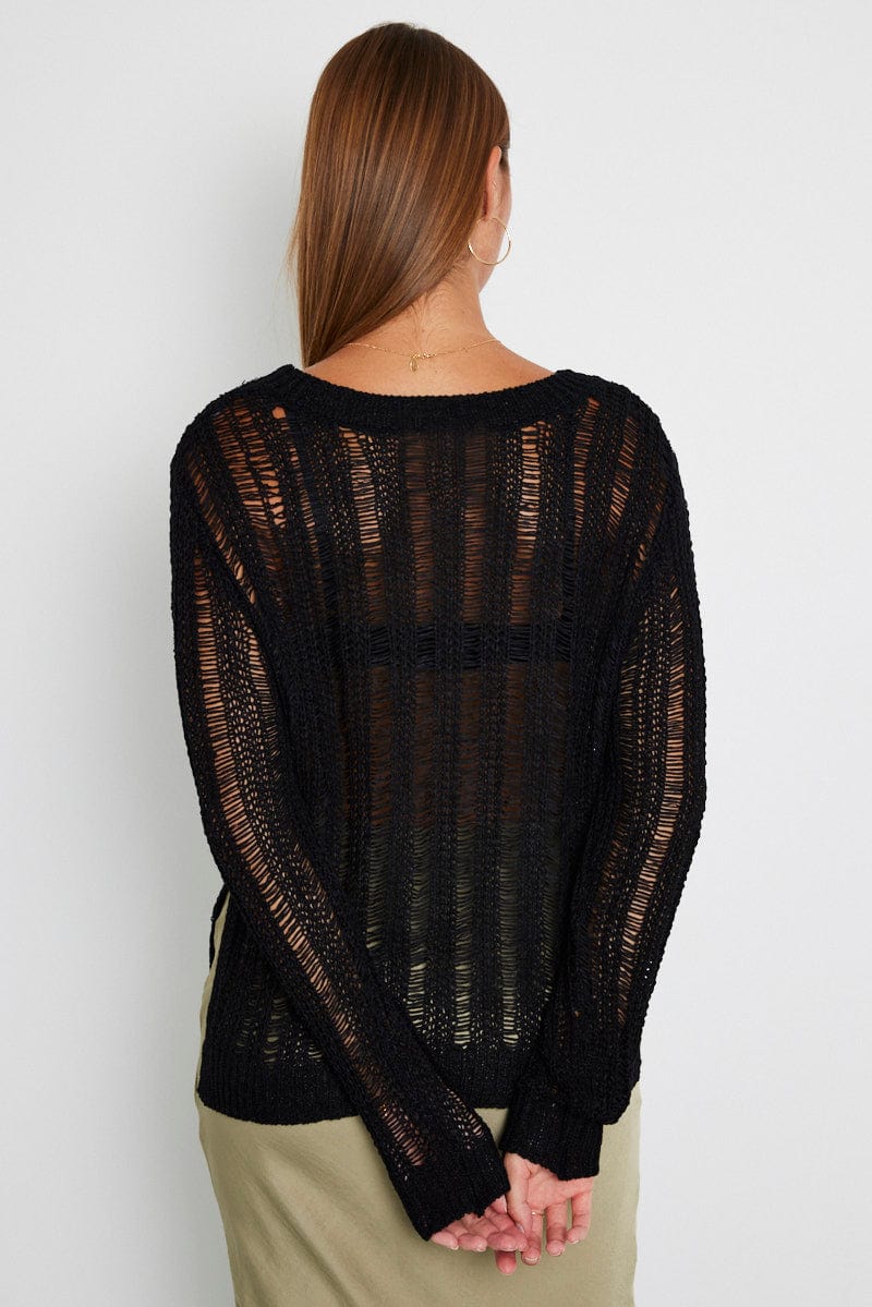 Black Fishnet Knit Top Long Sleeve Crew Neck for Ally Fashion