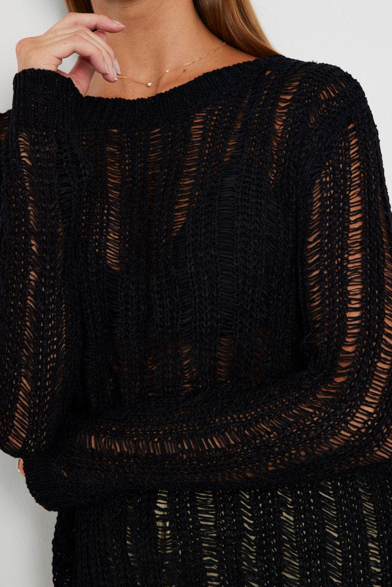 Black Fishnet Knit Top Long Sleeve Crew Neck for Ally Fashion