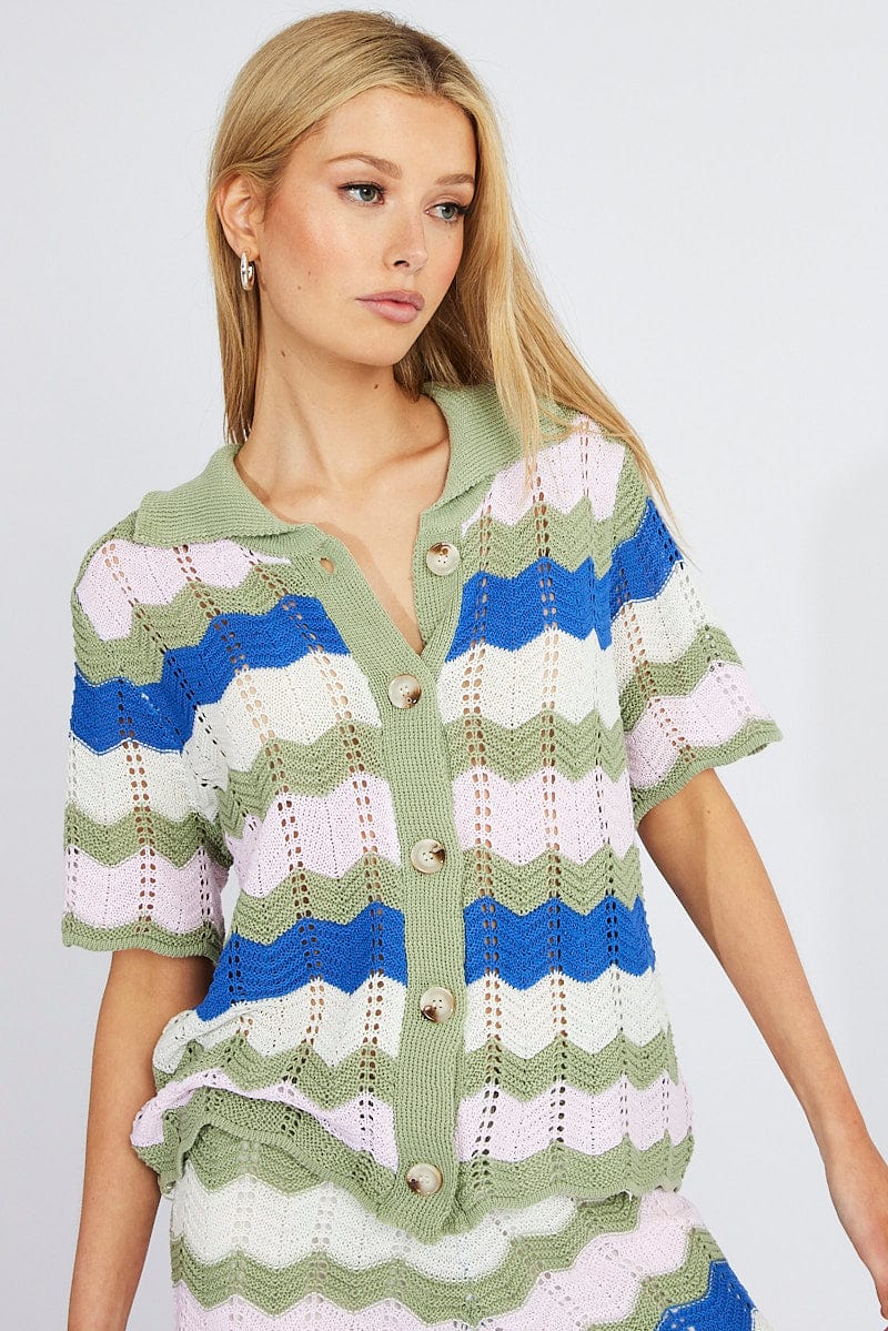 Multi Stripe Collar Knit Cardigan Short Sleeve for Ally Fashion