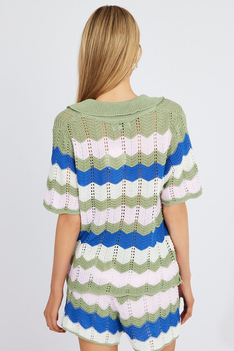 Multi Stripe Collar Knit Cardigan Short Sleeve for Ally Fashion
