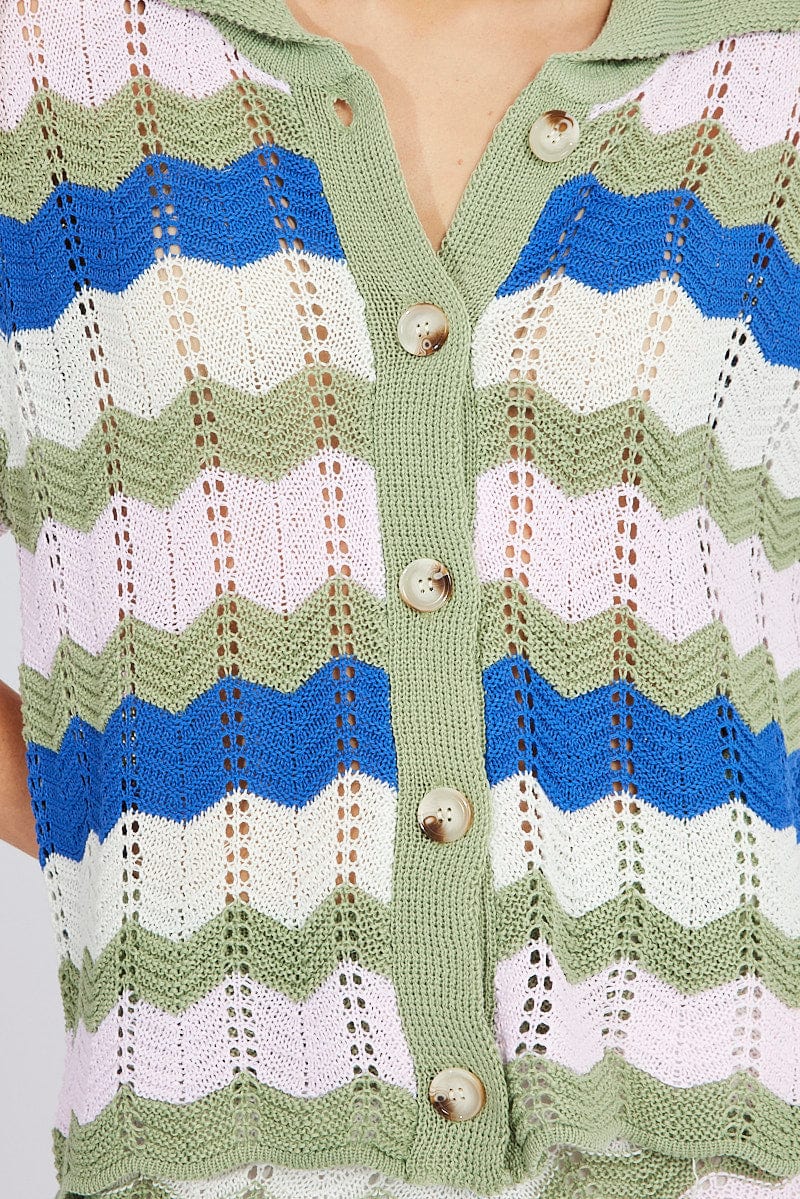 Multi Stripe Collar Knit Cardigan Short Sleeve for Ally Fashion