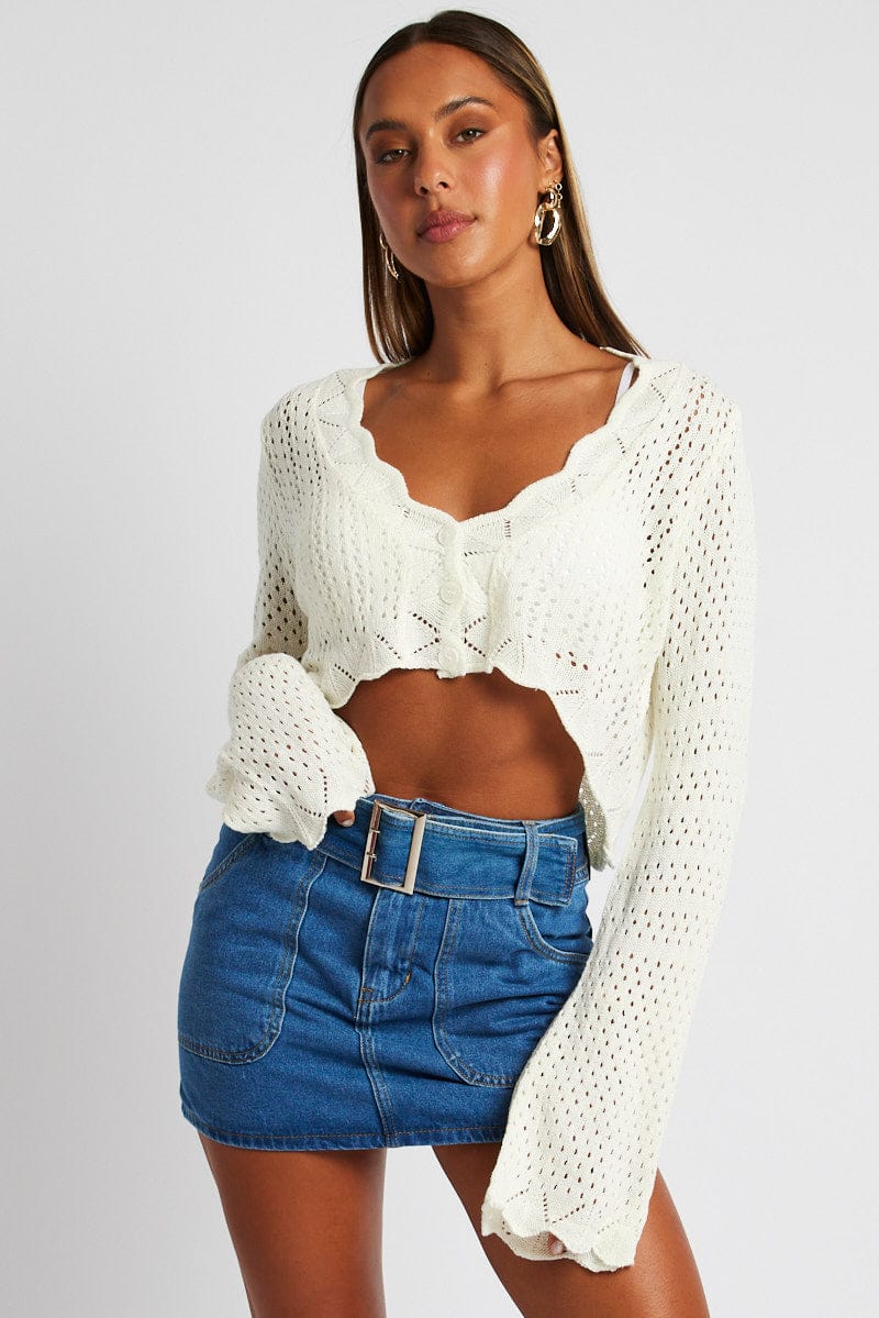 White Crochet Cardigan V Neck Cropped for Ally Fashion