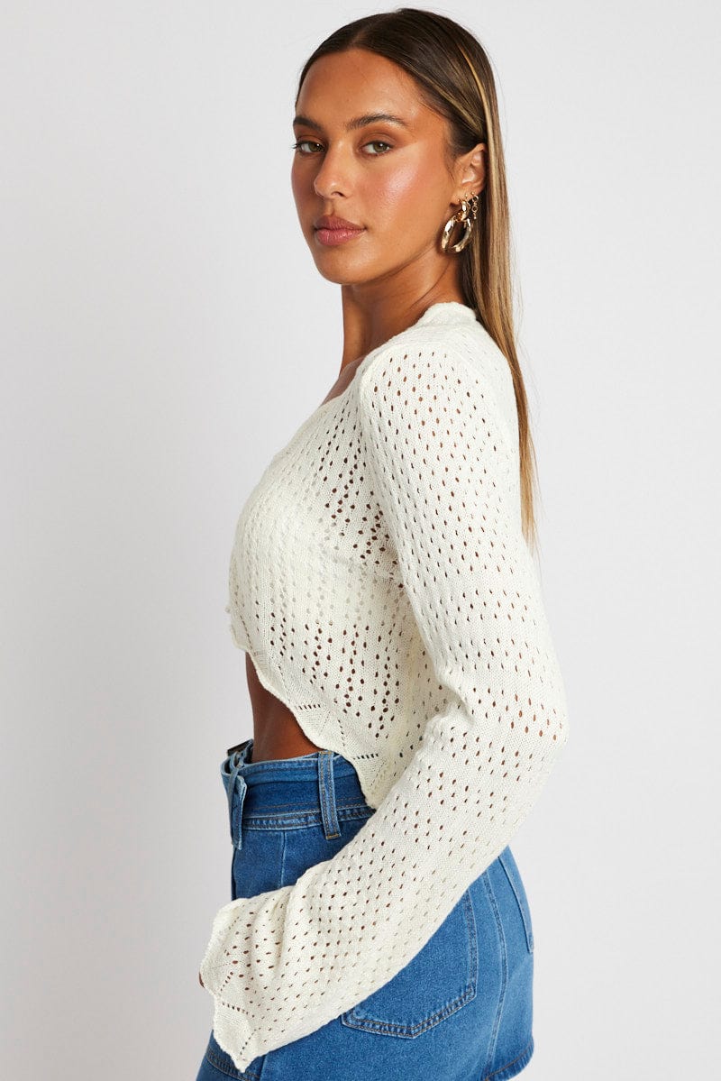 White Crochet Cardigan V Neck Cropped for Ally Fashion
