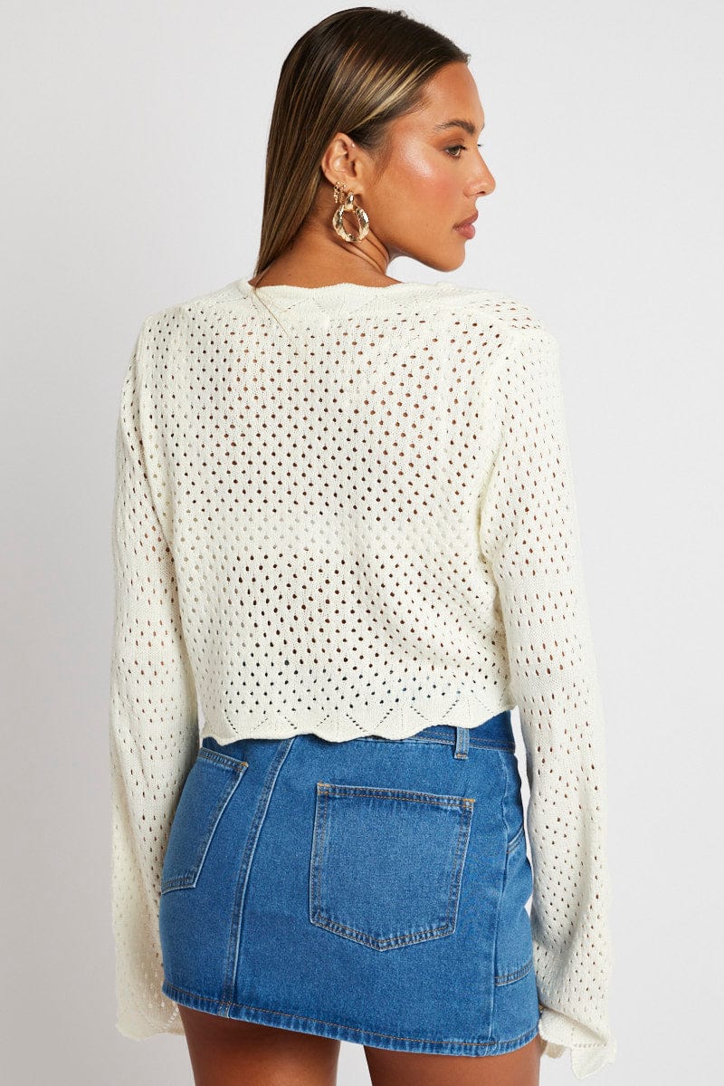 White Crochet Cardigan V Neck Cropped for Ally Fashion