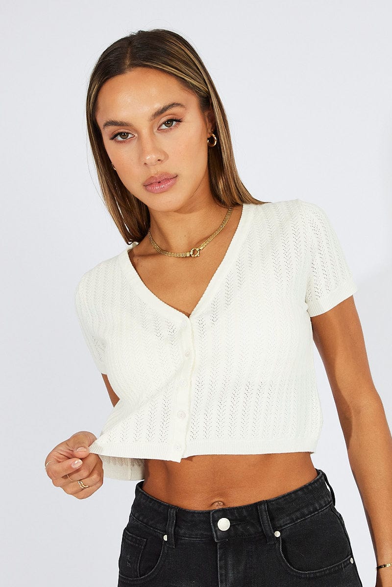 White Knit Cardigan Short Sleeve V Neck for Ally Fashion