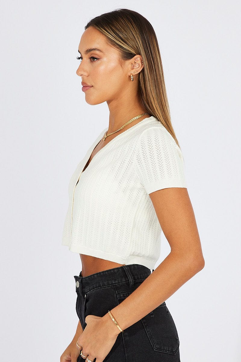 White Knit Cardigan Short Sleeve V Neck for Ally Fashion