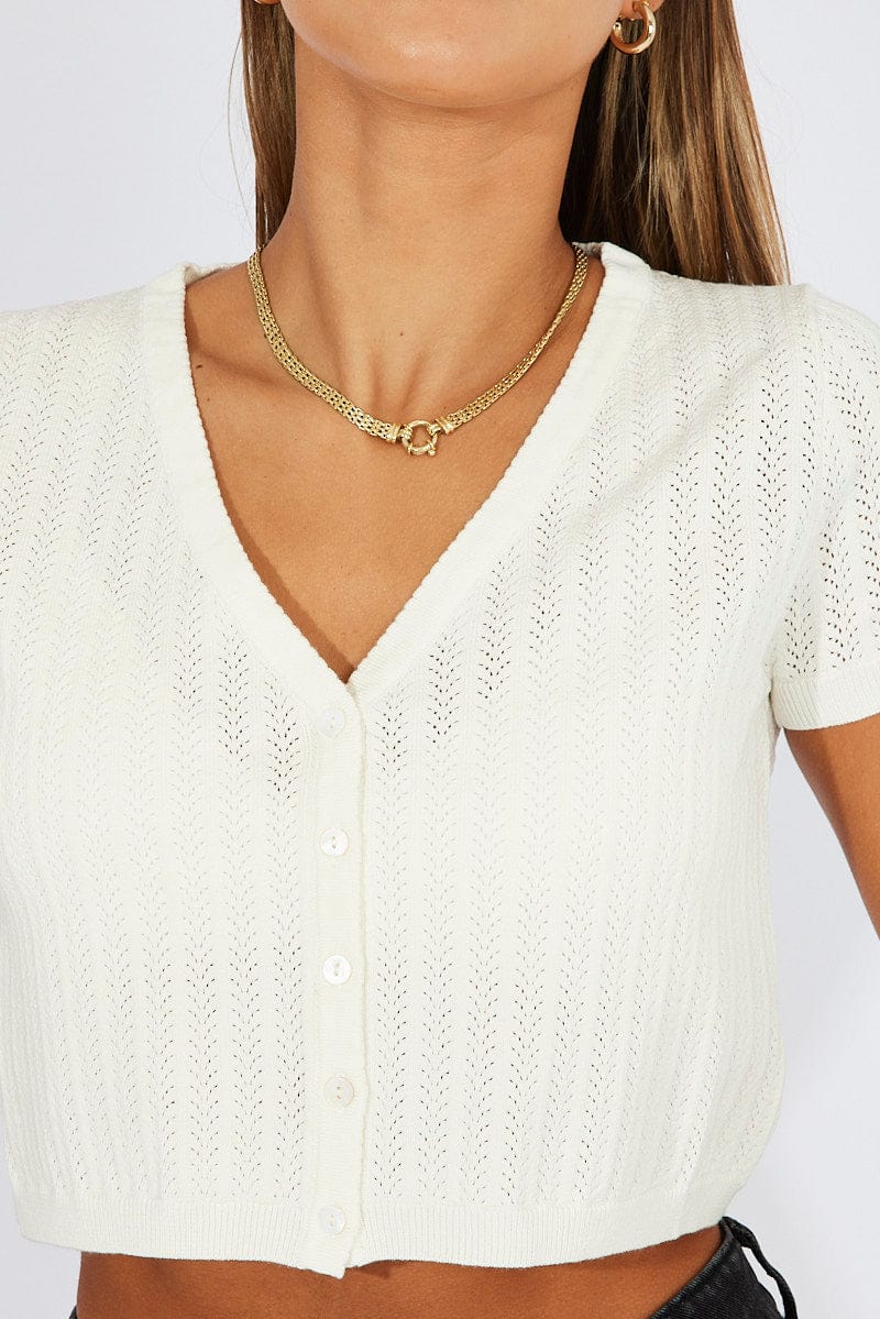 White Knit Cardigan Short Sleeve V Neck for Ally Fashion