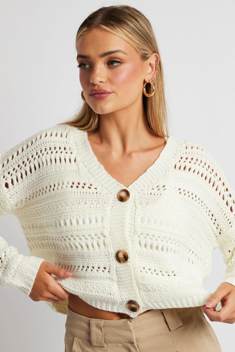 White Crochet Cardigan Long Sleeve V Neck for Ally Fashion