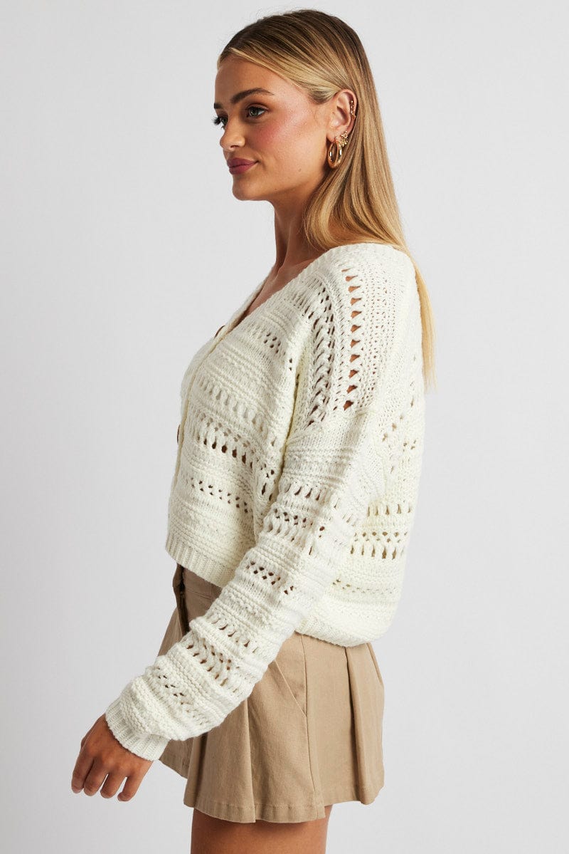 White Crochet Cardigan Long Sleeve V Neck for Ally Fashion
