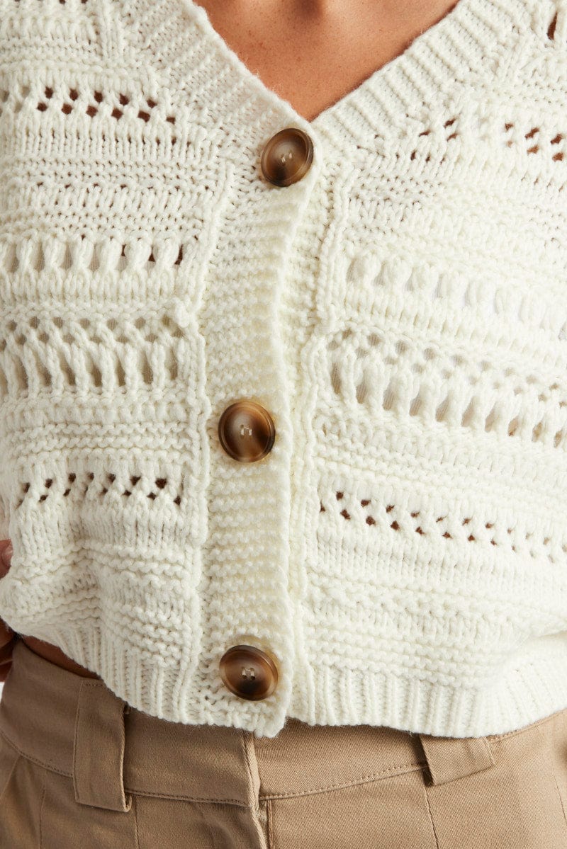 White Crochet Cardigan Long Sleeve V Neck for Ally Fashion