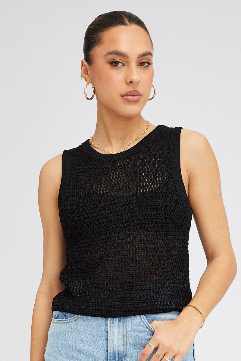 Black Crochet Knit Vest Crew Neck for Ally Fashion