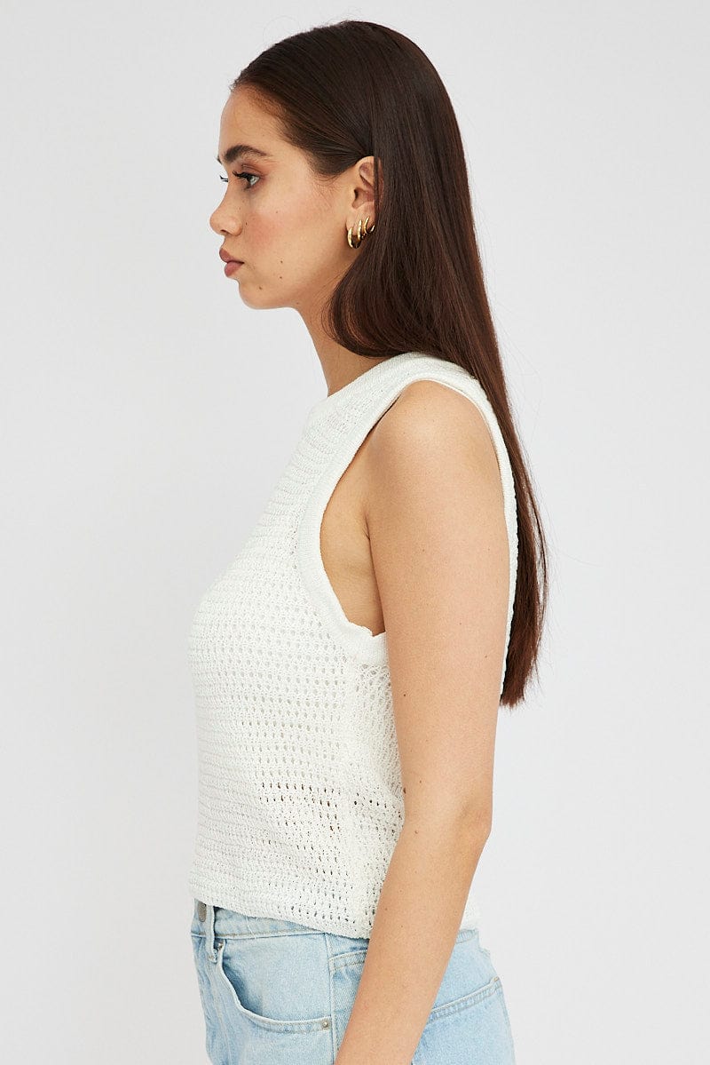 White Crochet Knit Vest Crew Neck for Ally Fashion