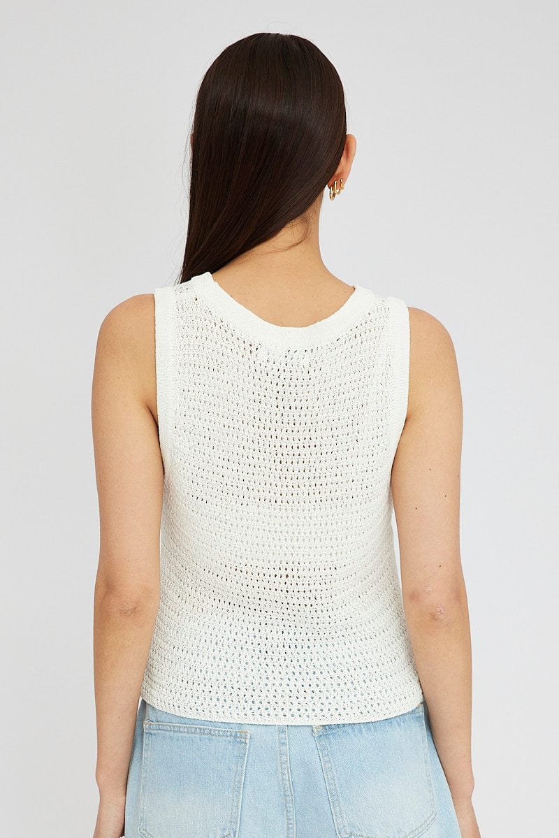 White Crochet Knit Vest Crew Neck for Ally Fashion