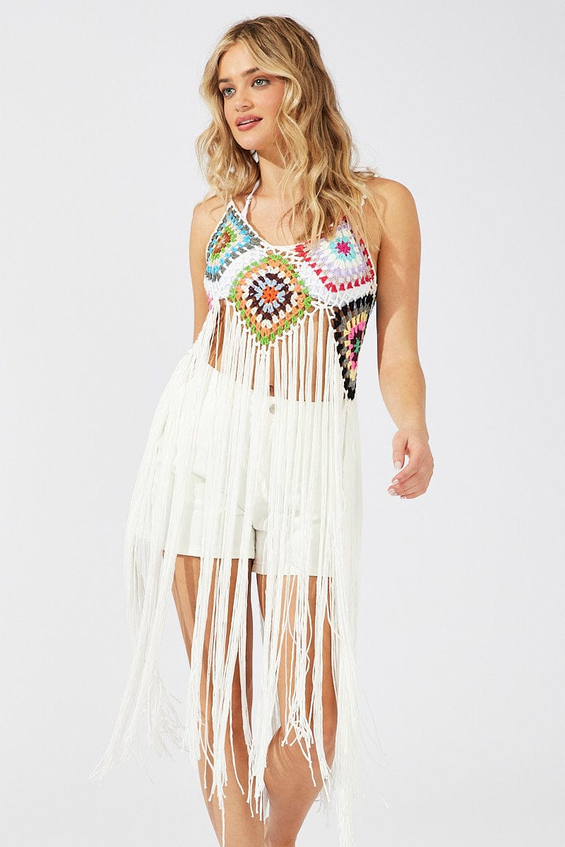 White Crochet Knit Top Tassel for Ally Fashion