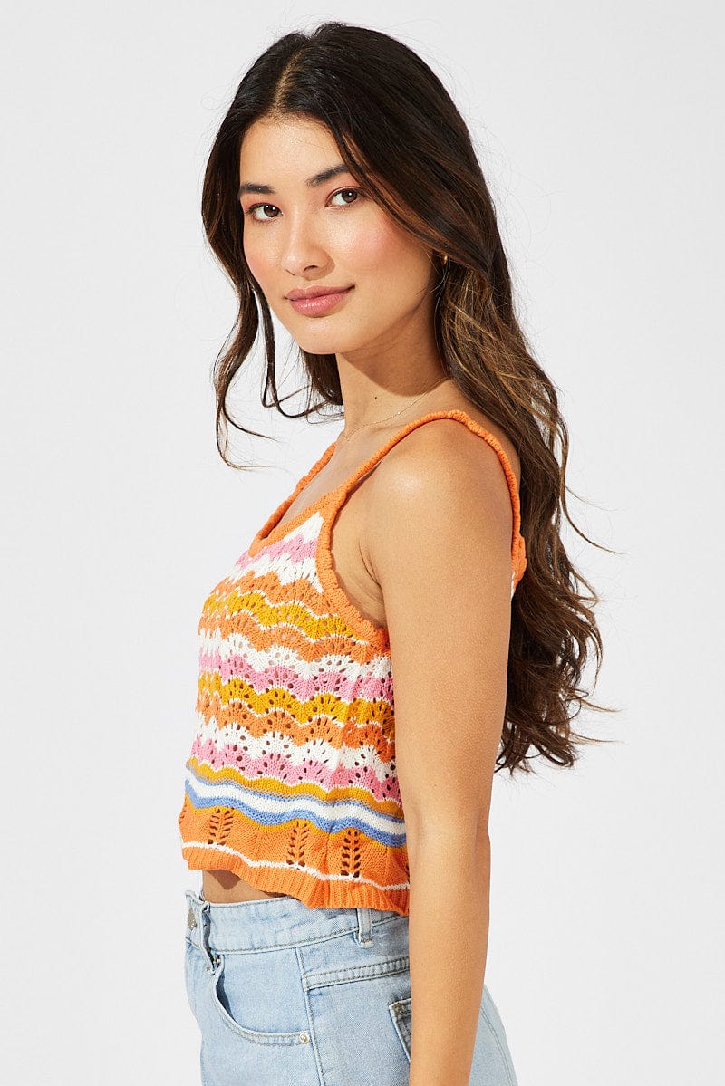 Orange Stripe Knit Singlet Sleeveless Scoop Neck Crochet for Ally Fashion