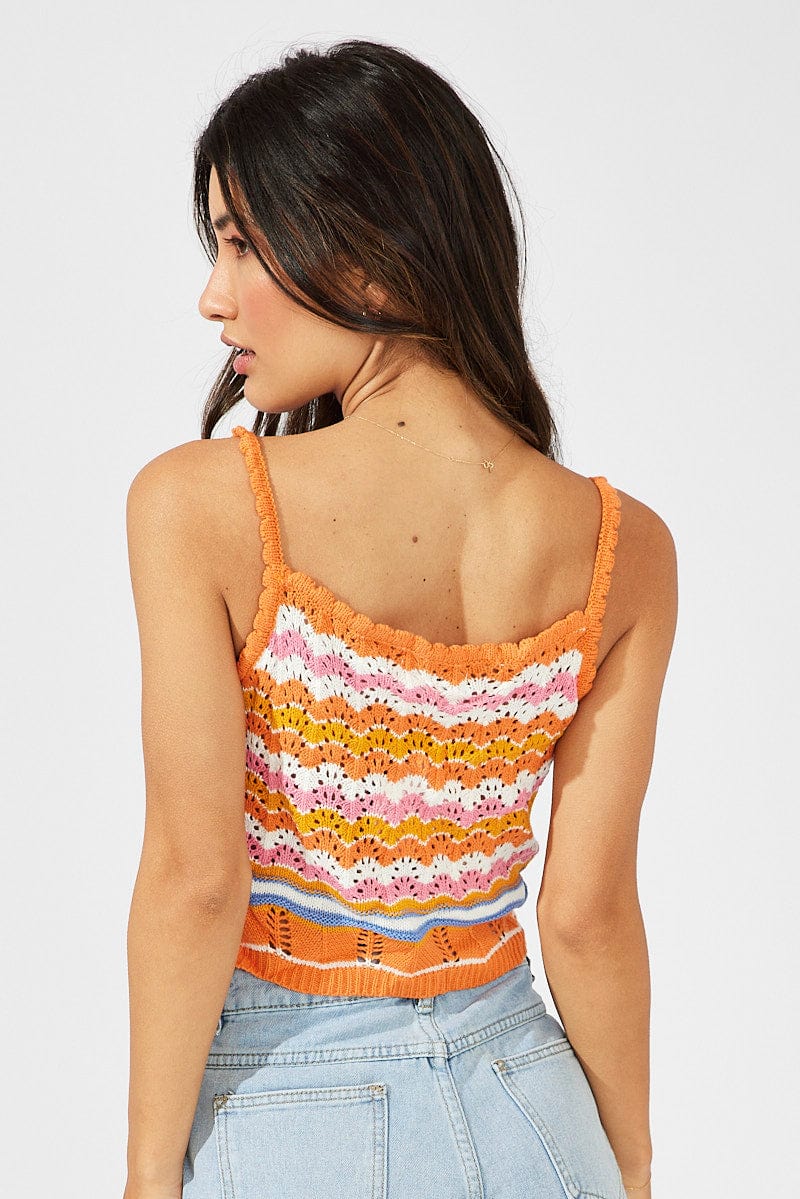 Orange Stripe Knit Singlet Sleeveless Scoop Neck Crochet for Ally Fashion