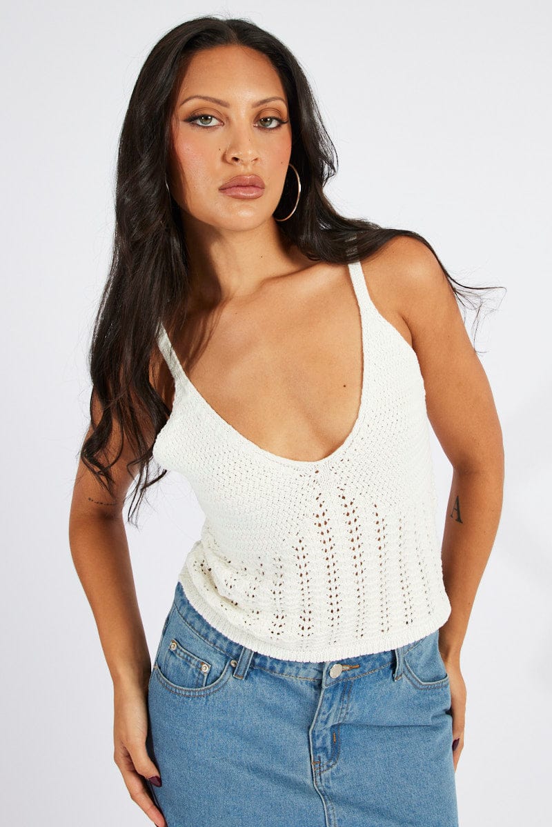 White Crochet Knit Top Sleeveless V Neck for Ally Fashion