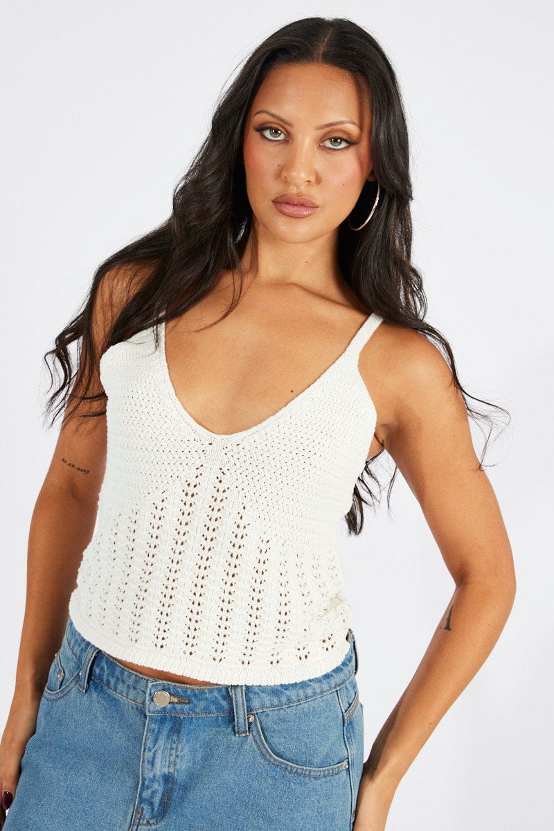 White Crochet Knit Top Sleeveless V Neck for Ally Fashion