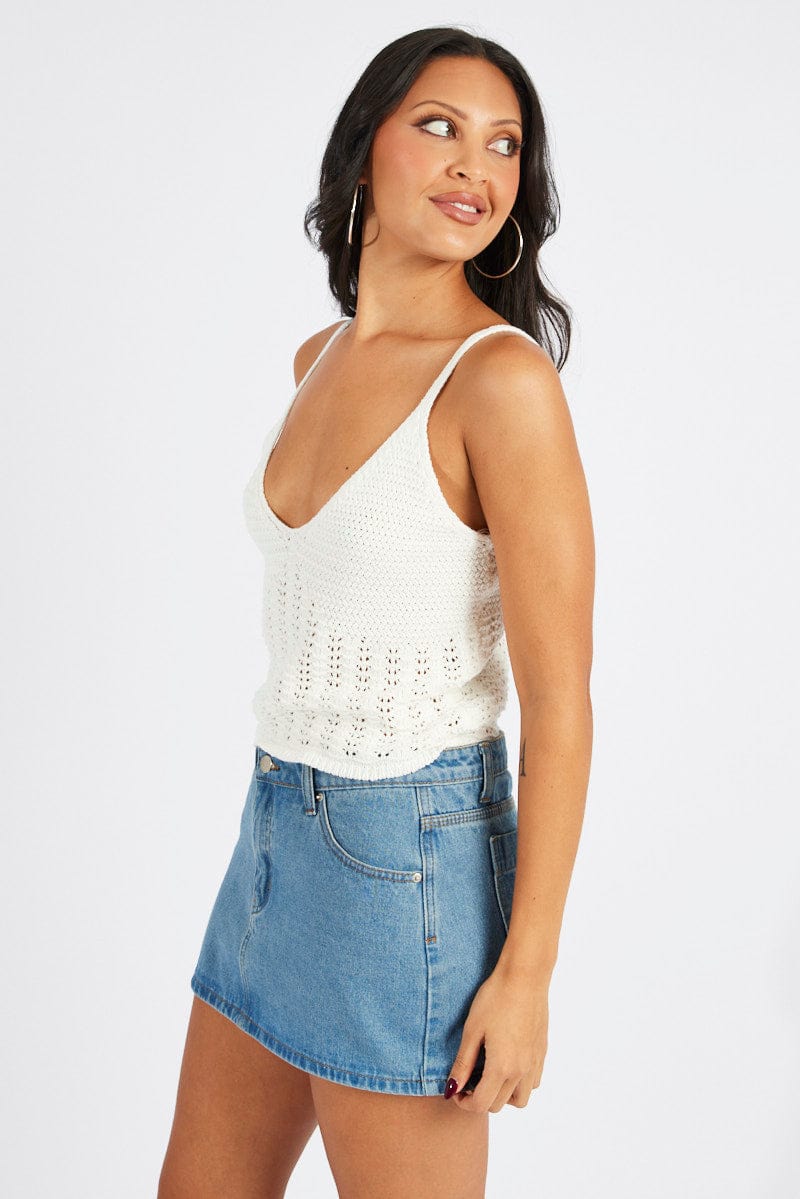 White Crochet Knit Top Sleeveless V Neck for Ally Fashion