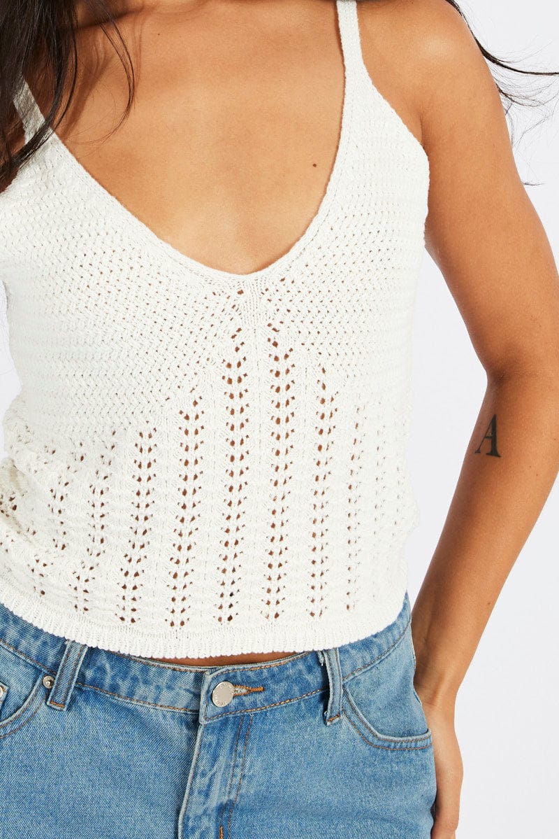 White Crochet Knit Top Sleeveless V Neck for Ally Fashion