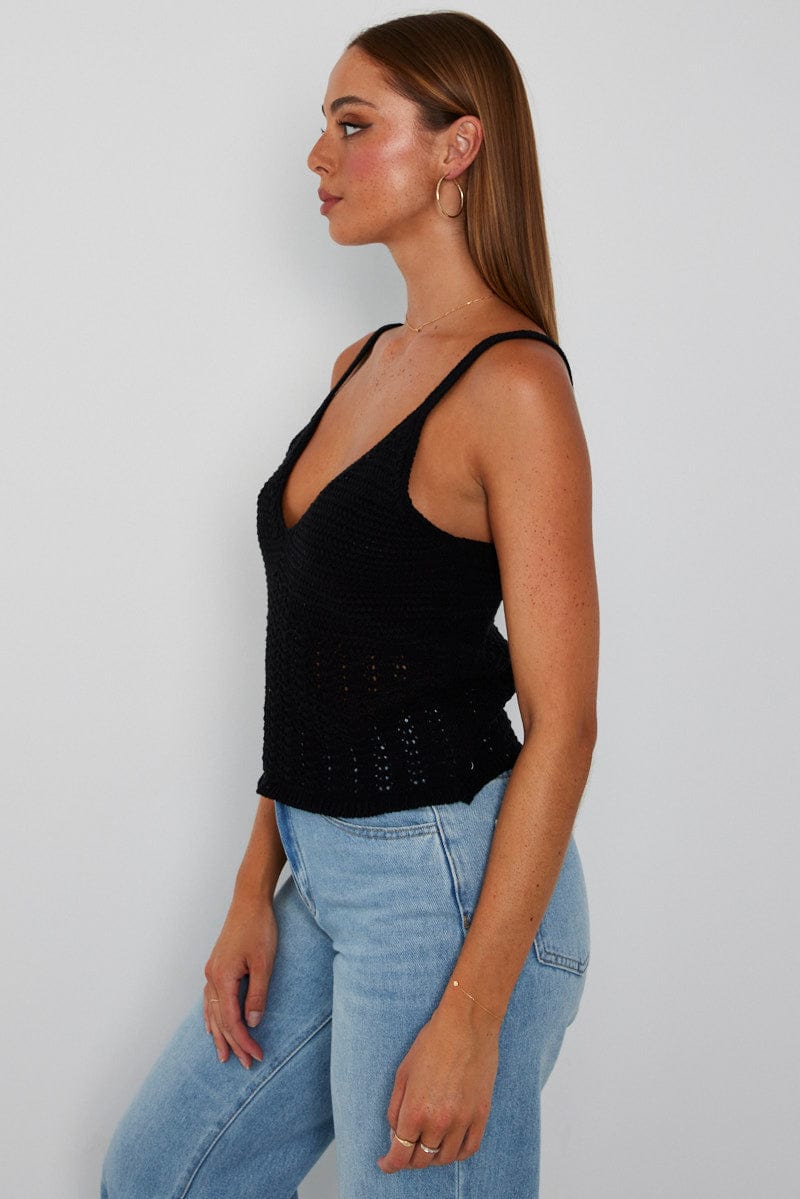 Black Crochet Knit Top Sleeveless V Neck for Ally Fashion