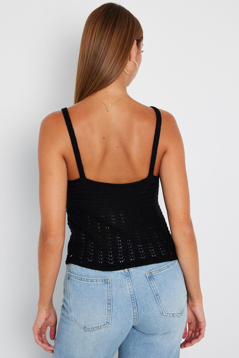 Black Crochet Knit Top Sleeveless V Neck for Ally Fashion