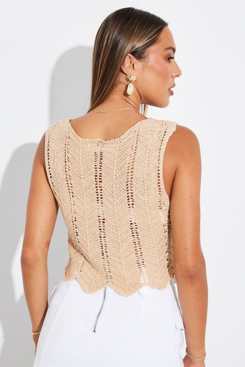 Beige Crochet Knit Vest V Neck for Ally Fashion