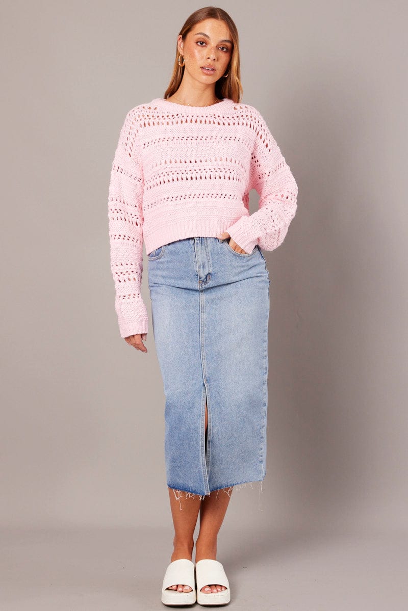 Pink Crochet Jumper Long Sleeve Crew Neck for Ally Fashion