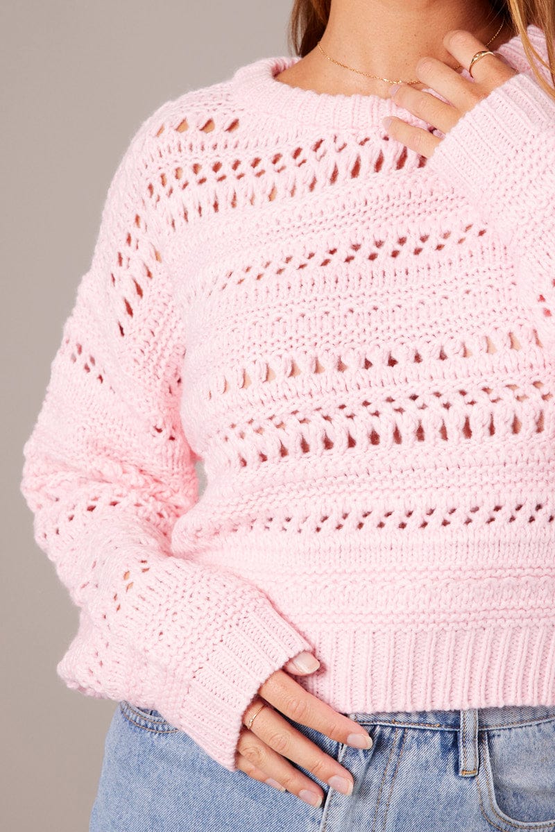 Pink Crochet Jumper Long Sleeve Crew Neck for Ally Fashion