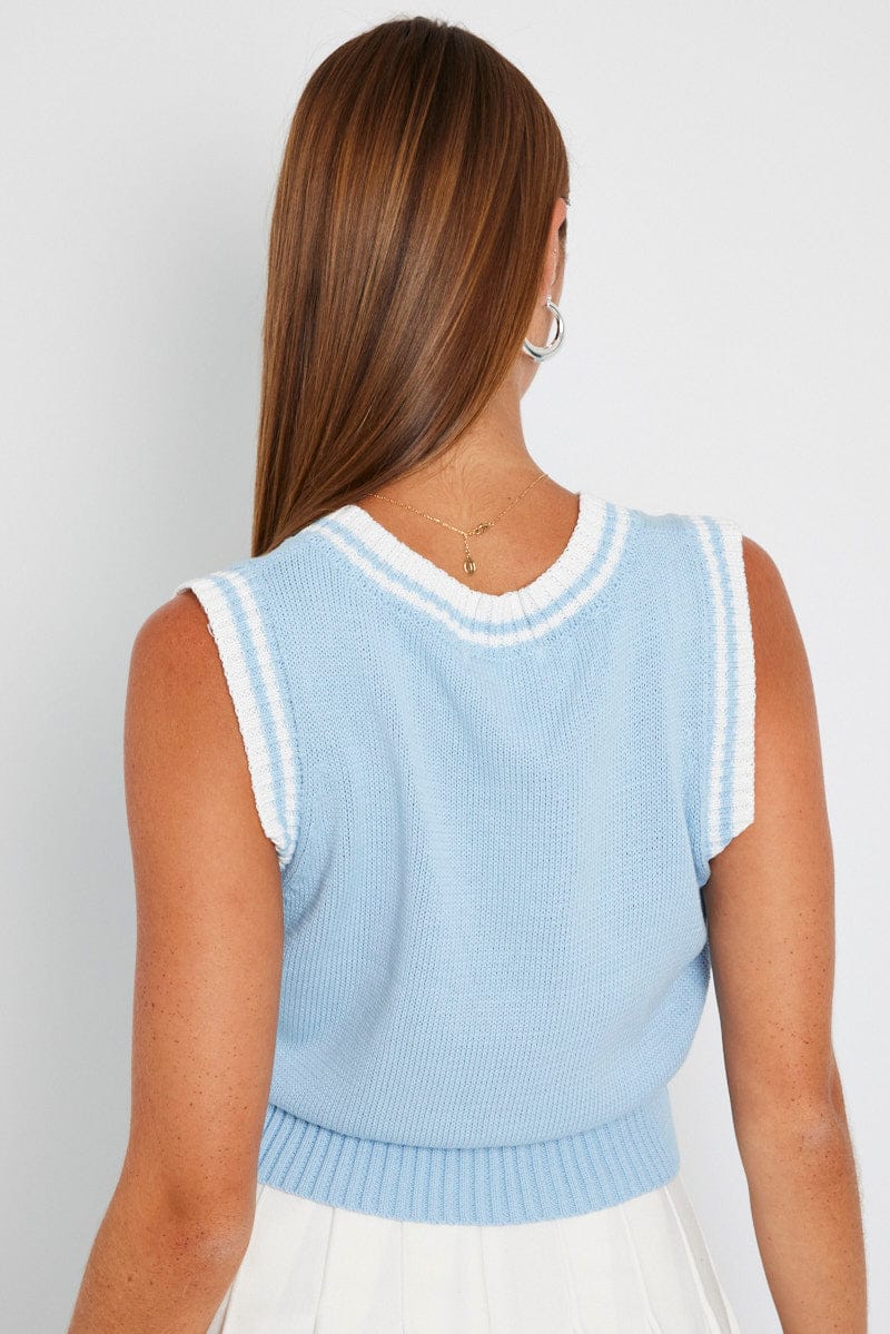 Blue Knit Vest V Neck Stripe for Ally Fashion