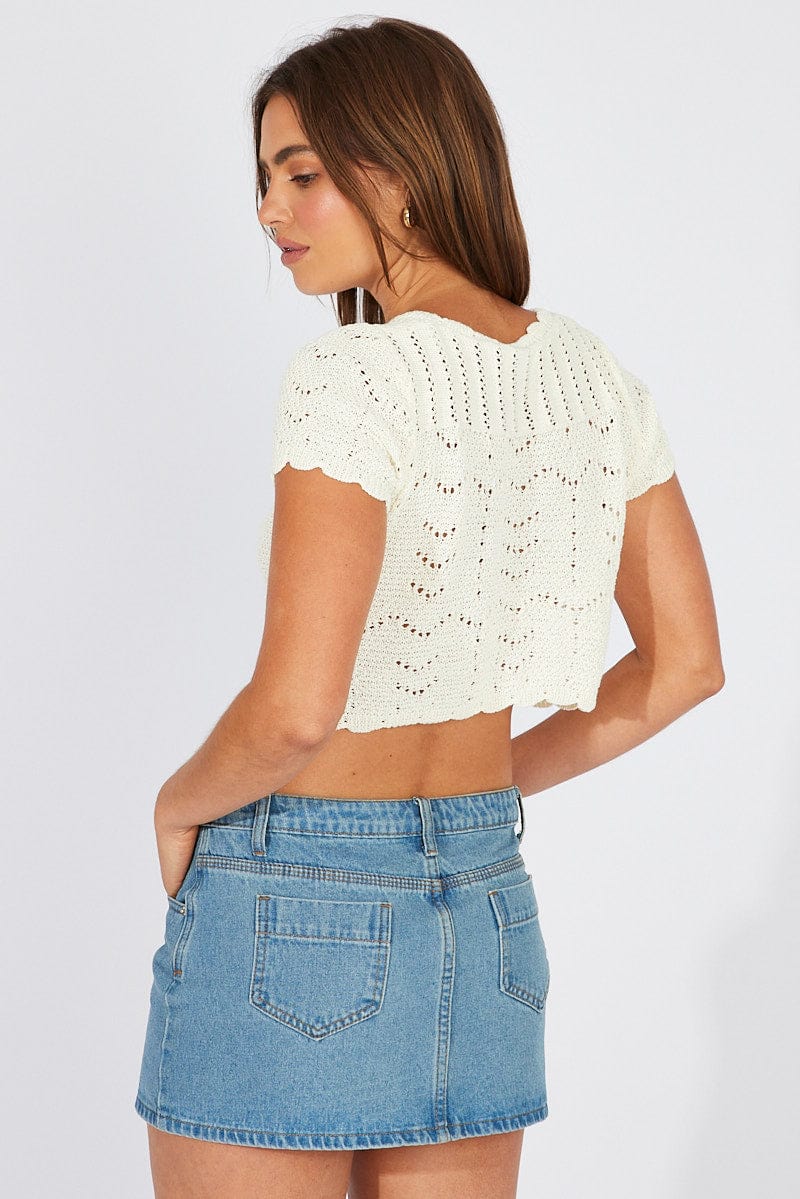 White Crochet Knit Cardigan Short Sleeve for Ally Fashion